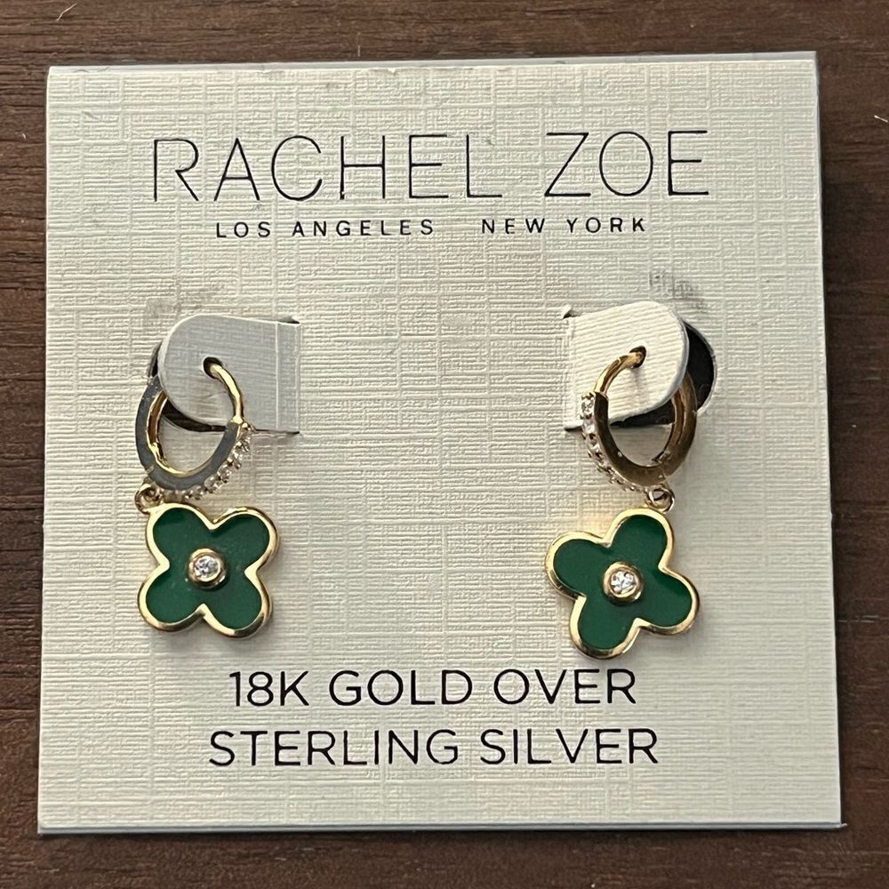 Rachel Zoe Green Clover 18K Gold Over Sterling‎ Silver Earrings New